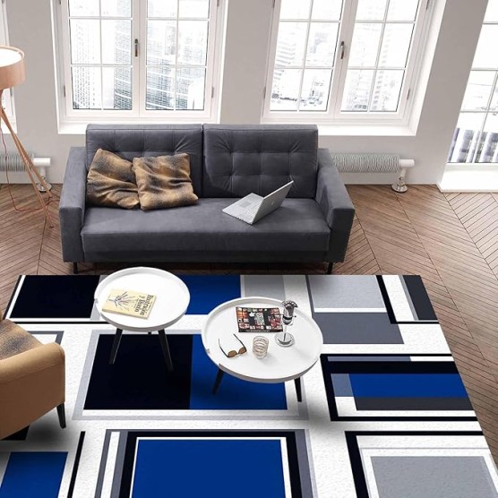 Geometric Area Runner Rug Carpet 5'x7',Abstract Blue Black Boho White Grey Minimalist Kitchen Living Room Bathroom Bedroom Classroom Laundry Room Washable Bath Rug,Doormat Desk Welcome Floor Door Mat