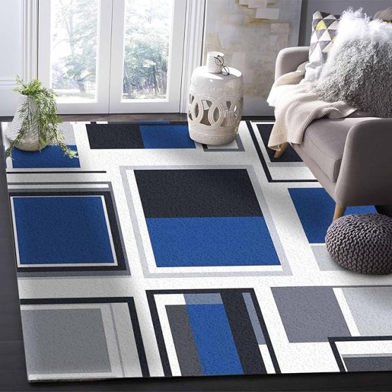 Geometric Area Runner Rug Carpet 5'x7',Abstract Blue Black Boho White Grey Minimalist Kitchen Living Room Bathroom Bedroom Classroom Laundry Room Washable Bath Rug,Doormat Desk Welcome Floor Door Mat