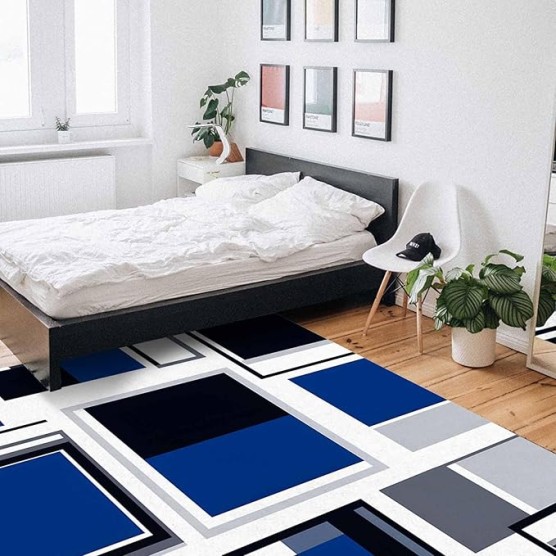 Geometric Area Runner Rug Carpet 5'x7',Abstract Blue Black Boho White Grey Minimalist Kitchen Living Room Bathroom Bedroom Classroom Laundry Room Washable Bath Rug,Doormat Desk Welcome Floor Door Mat