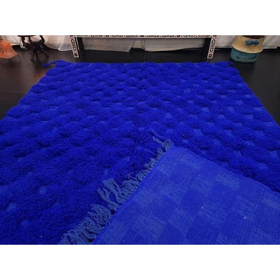 Checkered Rug, Beni Ourain Moroccan Wool Handmade Shag Berber Carpet, Solid Bright Blue Custom Area Rug for Living Room Bedroom Office (2.6x10 Runner)