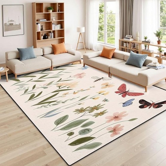 Area Rug Set Botanical Collection Bird Butterfly Dragonfly Honey bee Flower Washable 8x10 feet Rugs Non Slip Outdoor Carpets Soft Mats for Bedroom Kitchen Living Room Home Decor