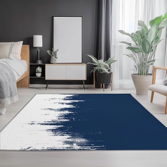 Area Rugs for Living Room Bedroom, Machine Washable 7 x 8 ft Abstract Style Navy Blue Background, Soft Bedside Floor Carpet for Kitchen Laundry Front Entrance Floor Home Decor, Blue White