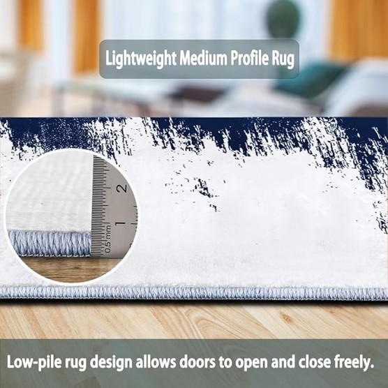 Area Rugs for Living Room Bedroom, Machine Washable 7 x 8 ft Abstract Style Navy Blue Background, Soft Bedside Floor Carpet for Kitchen Laundry Front Entrance Floor Home Decor, Blue White