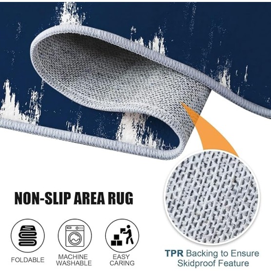 Area Rugs for Living Room Bedroom, Machine Washable 7 x 8 ft Abstract Style Navy Blue Background, Soft Bedside Floor Carpet for Kitchen Laundry Front Entrance Floor Home Decor, Blue White