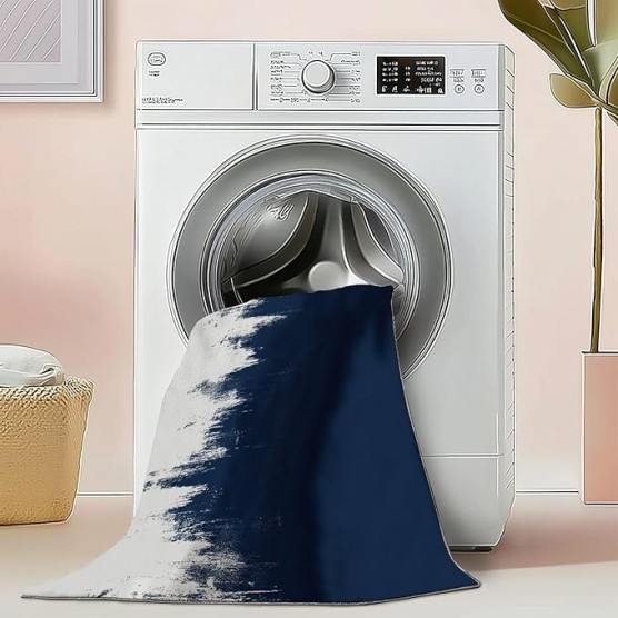 Area Rugs for Living Room Bedroom, Machine Washable 7 x 8 ft Abstract Style Navy Blue Background, Soft Bedside Floor Carpet for Kitchen Laundry Front Entrance Floor Home Decor, Blue White