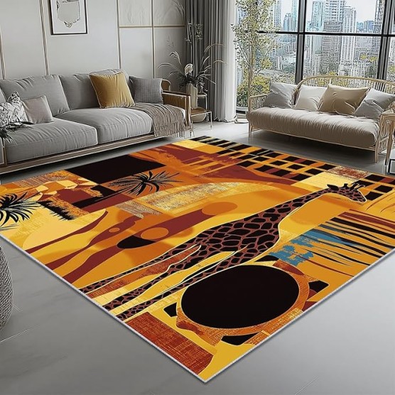 Area Rugs for Living Room Bedroom, Machine Washable 6 x 9 ft Traditional Style African Animal Patterns, Soft Bedside Floor Carpet for Kitchen Laundry Front Entrance Floor Home Decor, Yellow Orange