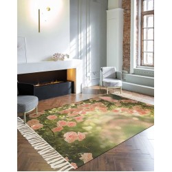 Pink Spring Floral Rugs for Living Room/Bedoorm, Large Area Rug Indoor Outdoor, Summer Roses Flowers Botanical Collection Carpet Reversible Boho Farmhouse Tassels Runners Floor Mats 4'x6'