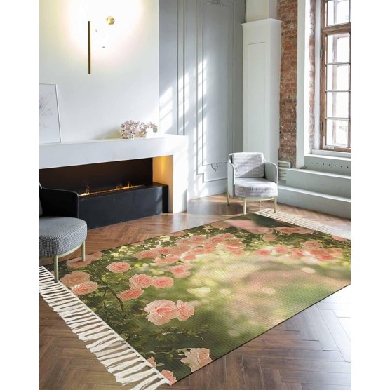 Pink Spring Floral Rugs for Living Room/Bedoorm, Large Area Rug Indoor Outdoor, Summer Roses Flowers Botanical Collection Carpet Reversible Boho Farmhouse Tassels Runners Floor Mats 4'x6'
