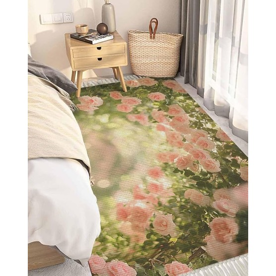 Pink Spring Floral Rugs for Living Room/Bedoorm, Large Area Rug Indoor Outdoor, Summer Roses Flowers Botanical Collection Carpet Reversible Boho Farmhouse Tassels Runners Floor Mats 4'x6'