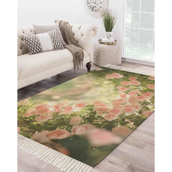 Pink Spring Floral Rugs for Living Room/Bedoorm, Large Area Rug Indoor Outdoor, Summer Roses Flowers Botanical Collection Carpet Reversible Boho Farmhouse Tassels Runners Floor Mats 4'x6'