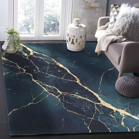 Area Rug for Bedroom 5x8 Ft Black Blue Marble Modern Art Abstract Luxury Gold Texture Super Soft Fuzzy Throw Rug Non-Slip Fluffy Plush Indoor Floor Carpet for Living Room Nursery Home Decor