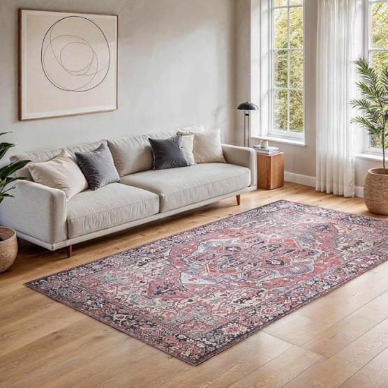Evolve Traditional 7'6" x 9'6" Machine Washable Area Rug - Bright Red, Navy, Peach