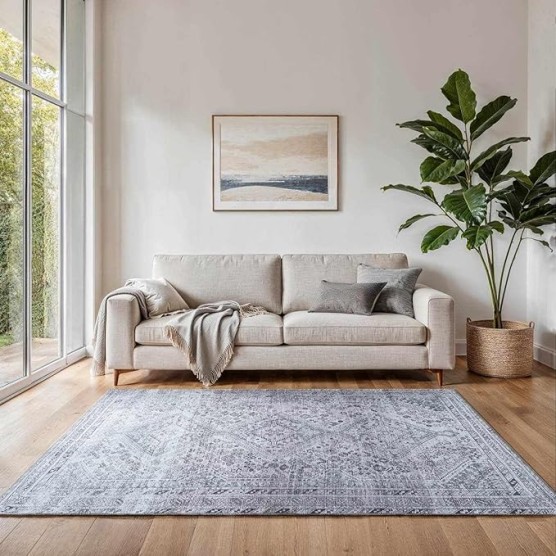 Stillness Traditional 7'10" x 10'2" Machine Washable Area Rug - Off White, Denim, Charcoal