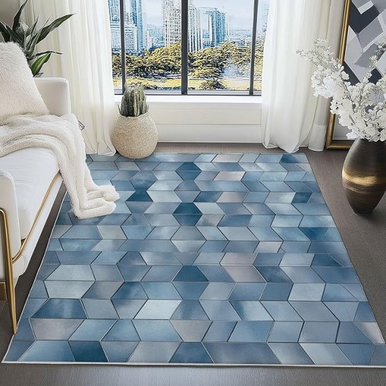 Area Rugs for Living Room 8 x 10 ft Machine Washable Non Slip Backing & Durable Edge Binding Carpets, Low Pile Modern Art Style Cubes Geometry Print Rug for Bedroom Dining Room Home Office, Blue Gray