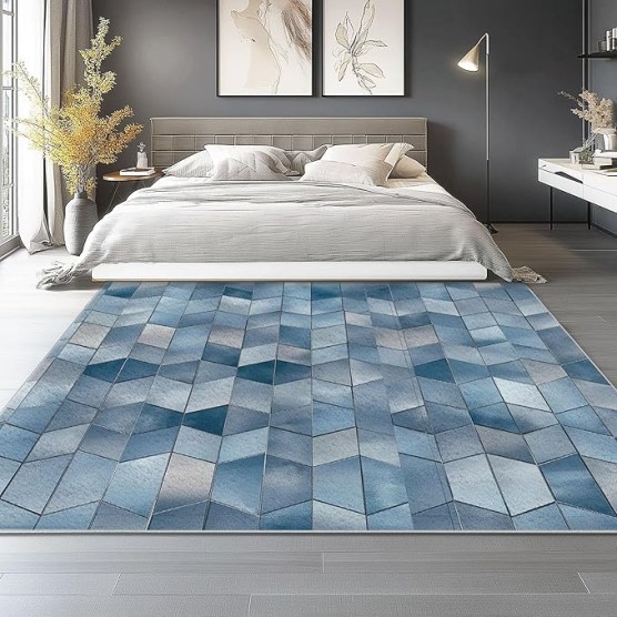 Area Rugs for Living Room 8 x 10 ft Machine Washable Non Slip Backing & Durable Edge Binding Carpets, Low Pile Modern Art Style Cubes Geometry Print Rug for Bedroom Dining Room Home Office, Blue Gray