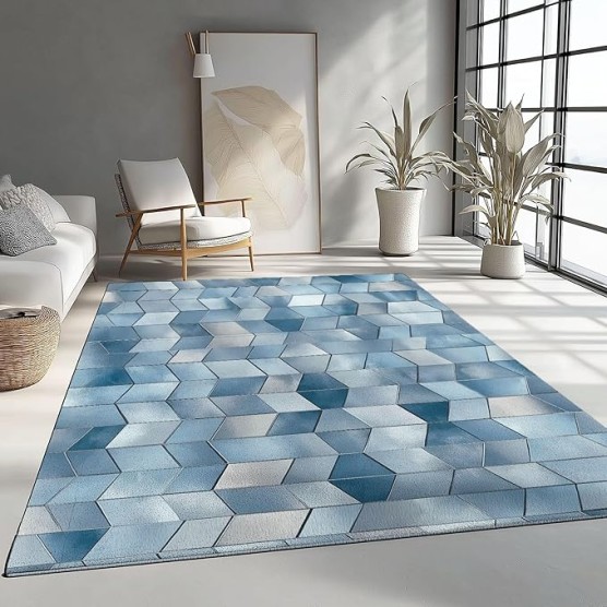 Area Rugs for Living Room 8 x 10 ft Machine Washable Non Slip Backing & Durable Edge Binding Carpets, Low Pile Modern Art Style Cubes Geometry Print Rug for Bedroom Dining Room Home Office, Blue Gray