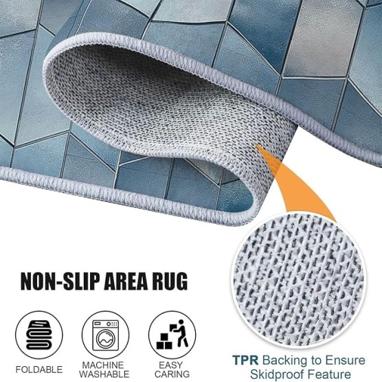 Area Rugs for Living Room 8 x 10 ft Machine Washable Non Slip Backing & Durable Edge Binding Carpets, Low Pile Modern Art Style Cubes Geometry Print Rug for Bedroom Dining Room Home Office, Blue Gray