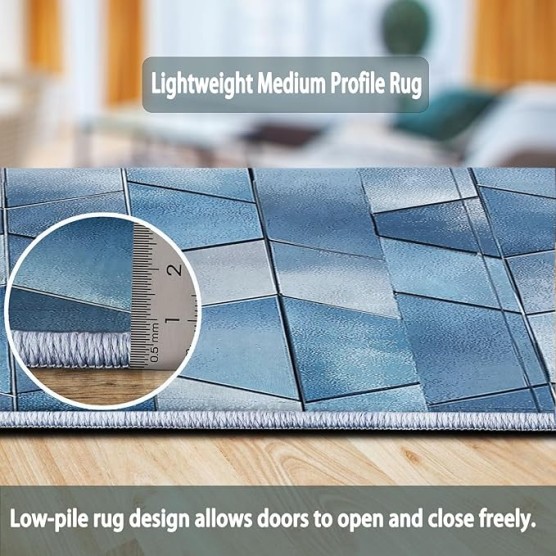 Area Rugs for Living Room 8 x 10 ft Machine Washable Non Slip Backing & Durable Edge Binding Carpets, Low Pile Modern Art Style Cubes Geometry Print Rug for Bedroom Dining Room Home Office, Blue Gray