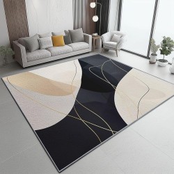 Area Rugs for Living Room 8 x 10 ft Machine Washable Non Slip Backing & Durable Edge Binding Carpets, Low Pile Abstract Geometric Lines Print Rug for Bedroom Dining Room Home Office, Black Gold