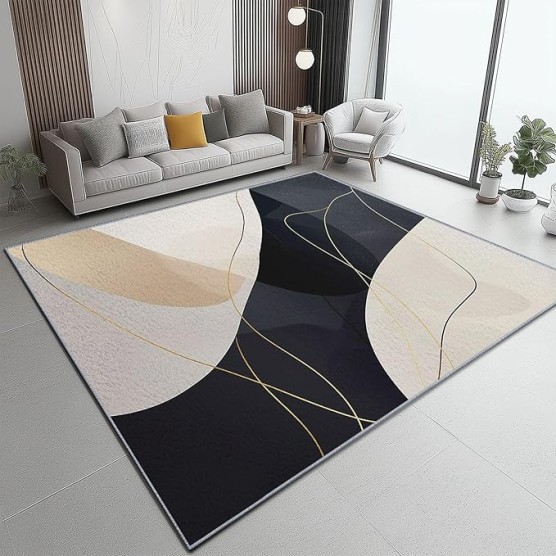 Area Rugs for Living Room 8 x 10 ft Machine Washable Non Slip Backing & Durable Edge Binding Carpets, Low Pile Abstract Geometric Lines Print Rug for Bedroom Dining Room Home Office, Black Gold