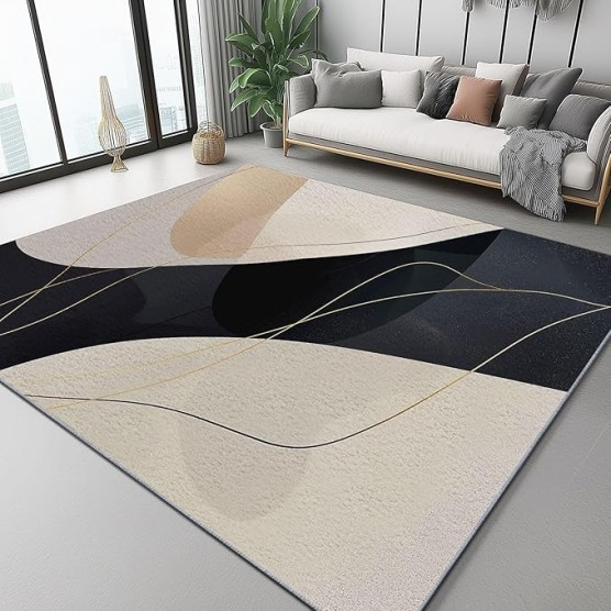Area Rugs for Living Room 8 x 10 ft Machine Washable Non Slip Backing & Durable Edge Binding Carpets, Low Pile Abstract Geometric Lines Print Rug for Bedroom Dining Room Home Office, Black Gold