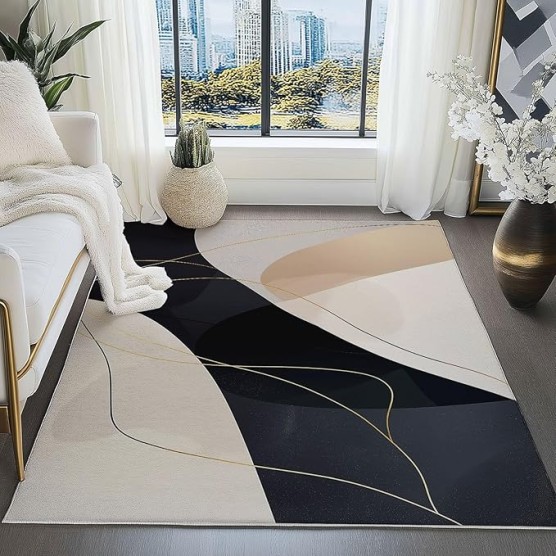 Area Rugs for Living Room 8 x 10 ft Machine Washable Non Slip Backing & Durable Edge Binding Carpets, Low Pile Abstract Geometric Lines Print Rug for Bedroom Dining Room Home Office, Black Gold