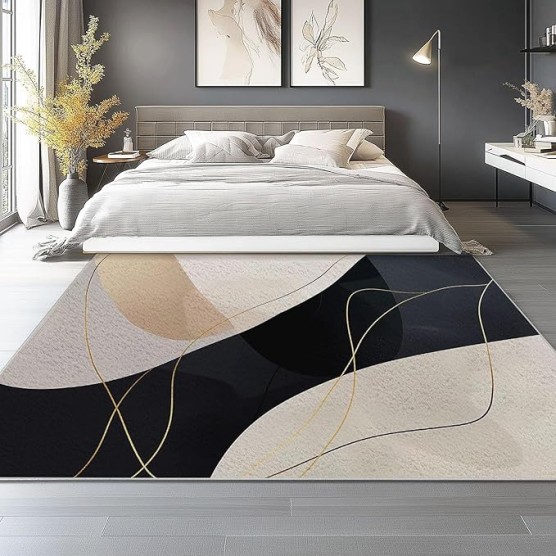 Area Rugs for Living Room 8 x 10 ft Machine Washable Non Slip Backing & Durable Edge Binding Carpets, Low Pile Abstract Geometric Lines Print Rug for Bedroom Dining Room Home Office, Black Gold