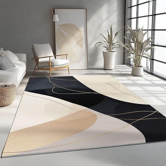 Area Rugs for Living Room 8 x 10 ft Machine Washable Non Slip Backing & Durable Edge Binding Carpets, Low Pile Abstract Geometric Lines Print Rug for Bedroom Dining Room Home Office, Black Gold