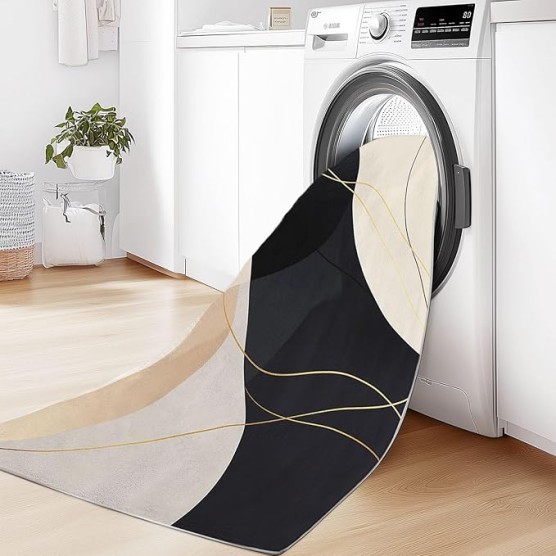 Area Rugs for Living Room 8 x 10 ft Machine Washable Non Slip Backing & Durable Edge Binding Carpets, Low Pile Abstract Geometric Lines Print Rug for Bedroom Dining Room Home Office, Black Gold