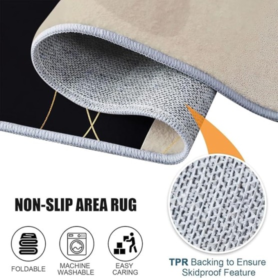 Area Rugs for Living Room 8 x 10 ft Machine Washable Non Slip Backing & Durable Edge Binding Carpets, Low Pile Abstract Geometric Lines Print Rug for Bedroom Dining Room Home Office, Black Gold