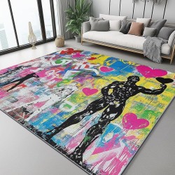 Area Rugs for Living Room 8 x 10 ft, Machine Washable Non Slip Backing & Durable Edge Binding Carpets, Low Pile Street Art Graffiti Love Heart Print Rug for Bedroom Dining Room Home Office, Colorful