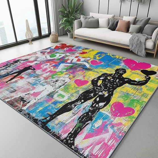 Area Rugs for Living Room 8 x 10 ft, Machine Washable Non Slip Backing & Durable Edge Binding Carpets, Low Pile Street Art Graffiti Love Heart Print Rug for Bedroom Dining Room Home Office, Colorful