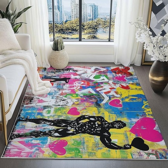 Area Rugs for Living Room 8 x 10 ft, Machine Washable Non Slip Backing & Durable Edge Binding Carpets, Low Pile Street Art Graffiti Love Heart Print Rug for Bedroom Dining Room Home Office, Colorful