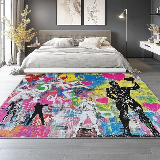 Area Rugs for Living Room 8 x 10 ft, Machine Washable Non Slip Backing & Durable Edge Binding Carpets, Low Pile Street Art Graffiti Love Heart Print Rug for Bedroom Dining Room Home Office, Colorful