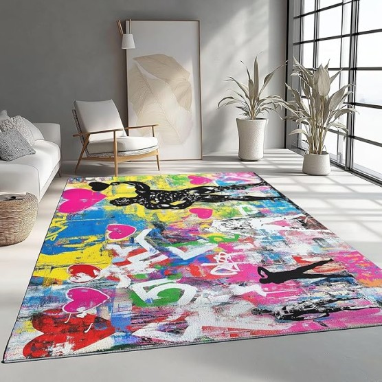 Area Rugs for Living Room 8 x 10 ft, Machine Washable Non Slip Backing & Durable Edge Binding Carpets, Low Pile Street Art Graffiti Love Heart Print Rug for Bedroom Dining Room Home Office, Colorful
