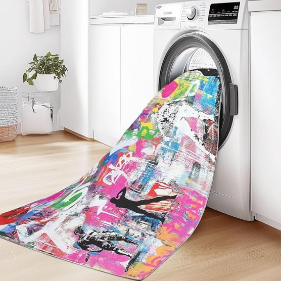 Area Rugs for Living Room 8 x 10 ft, Machine Washable Non Slip Backing & Durable Edge Binding Carpets, Low Pile Street Art Graffiti Love Heart Print Rug for Bedroom Dining Room Home Office, Colorful
