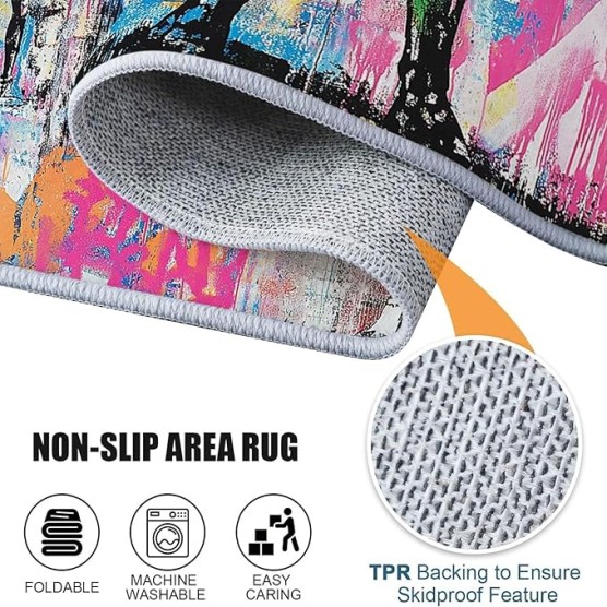 Area Rugs for Living Room 8 x 10 ft, Machine Washable Non Slip Backing & Durable Edge Binding Carpets, Low Pile Street Art Graffiti Love Heart Print Rug for Bedroom Dining Room Home Office, Colorful