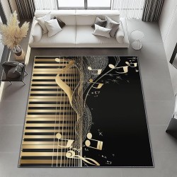 8x10 Area Rugs for Living Room Modern Style Machine Washable Non Slip Rug, Soft Low Pile Lightweight Musical Notes Piano Print Carpet for Bedroom Dining Room Home Office, Gold Black