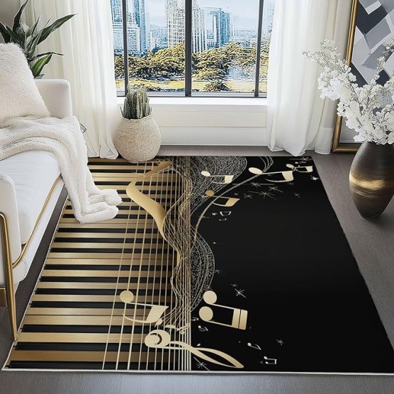 8x10 Area Rugs for Living Room Modern Style Machine Washable Non Slip Rug, Soft Low Pile Lightweight Musical Notes Piano Print Carpet for Bedroom Dining Room Home Office, Gold Black