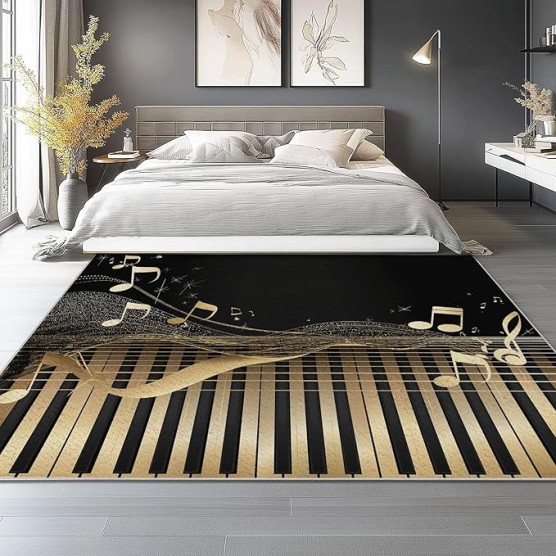 8x10 Area Rugs for Living Room Modern Style Machine Washable Non Slip Rug, Soft Low Pile Lightweight Musical Notes Piano Print Carpet for Bedroom Dining Room Home Office, Gold Black