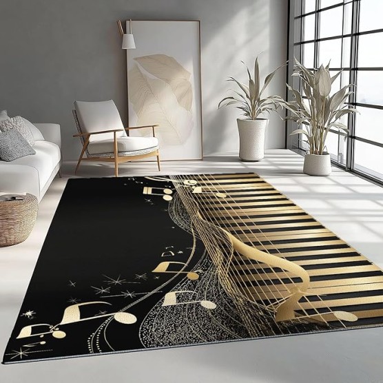 8x10 Area Rugs for Living Room Modern Style Machine Washable Non Slip Rug, Soft Low Pile Lightweight Musical Notes Piano Print Carpet for Bedroom Dining Room Home Office, Gold Black