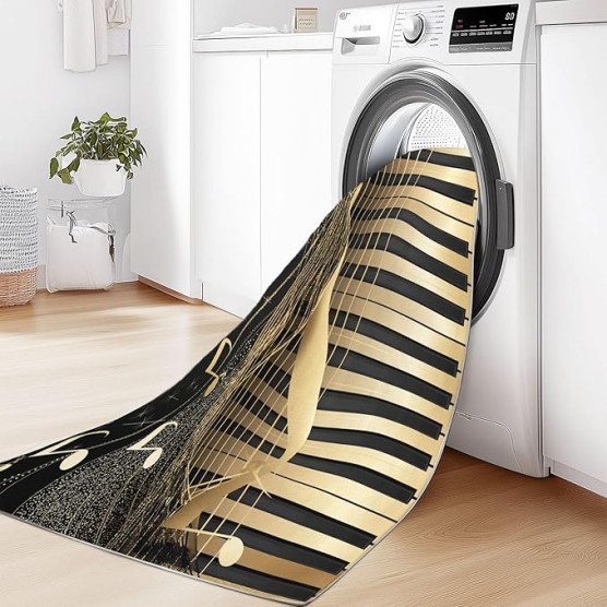 8x10 Area Rugs for Living Room Modern Style Machine Washable Non Slip Rug, Soft Low Pile Lightweight Musical Notes Piano Print Carpet for Bedroom Dining Room Home Office, Gold Black
