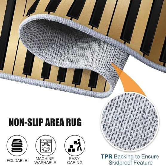 8x10 Area Rugs for Living Room Modern Style Machine Washable Non Slip Rug, Soft Low Pile Lightweight Musical Notes Piano Print Carpet for Bedroom Dining Room Home Office, Gold Black
