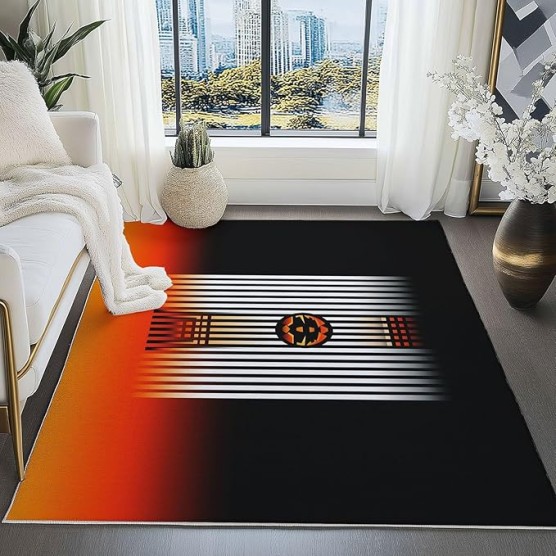 Area Rugs 7 x 8 ft Throw Rugs Soft Flannel Non-Slip for Bedroom Living Room Nursery, Black Orange Rectangular Decor Floor Mat, Modern Lines Geometric Shapes Minimal Print Low Pile Washable Carpet