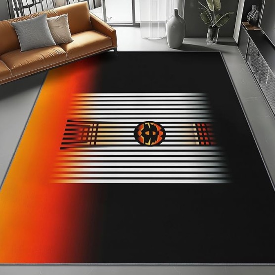 Area Rugs 7 x 8 ft Throw Rugs Soft Flannel Non-Slip for Bedroom Living Room Nursery, Black Orange Rectangular Decor Floor Mat, Modern Lines Geometric Shapes Minimal Print Low Pile Washable Carpet