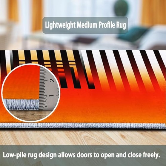 Area Rugs 7 x 8 ft Throw Rugs Soft Flannel Non-Slip for Bedroom Living Room Nursery, Black Orange Rectangular Decor Floor Mat, Modern Lines Geometric Shapes Minimal Print Low Pile Washable Carpet