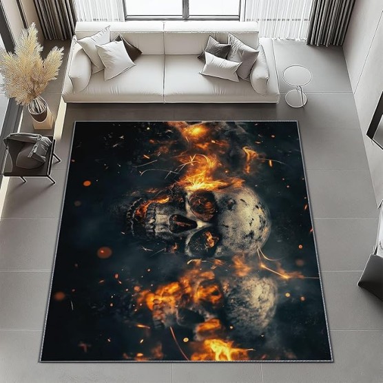 Area Rugs 7 x 8 ft Throw Rugs Soft Flannel Non-Slip for Bedroom Living Room Nursery, Orange Black Rectangular Decor Floor Mat, Fantasy Skull Roaring Flames Dramatic Art Print Low Pile Washable Carpet