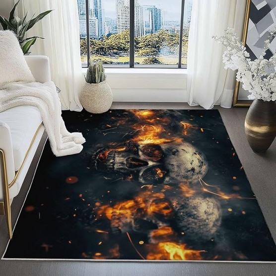 Area Rugs 7 x 8 ft Throw Rugs Soft Flannel Non-Slip for Bedroom Living Room Nursery, Orange Black Rectangular Decor Floor Mat, Fantasy Skull Roaring Flames Dramatic Art Print Low Pile Washable Carpet