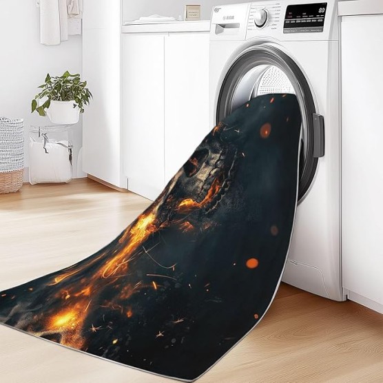 Area Rugs 7 x 8 ft Throw Rugs Soft Flannel Non-Slip for Bedroom Living Room Nursery, Orange Black Rectangular Decor Floor Mat, Fantasy Skull Roaring Flames Dramatic Art Print Low Pile Washable Carpet