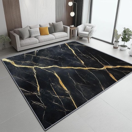 Area Rugs 7 x 8 ft Throw Rugs Soft Flannel Non-Slip for Bedroom Living Room Nursery, Black Gold Rectangular Decor Floor Mat, Abstract Marble Texture Elegant Print Low Pile Washable Carpet
